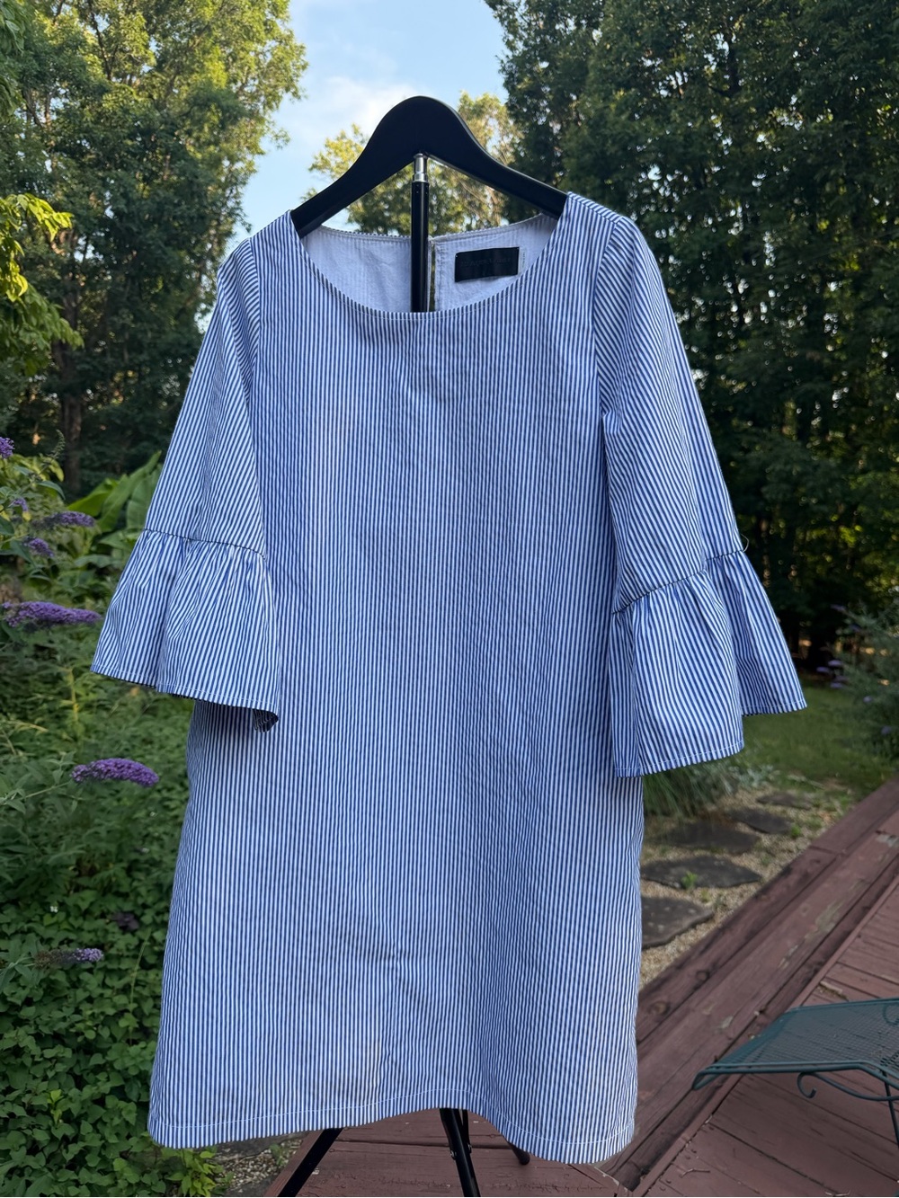 Blaque Label Blue and White Pinstripe Bell-Sleeve Mini Dress